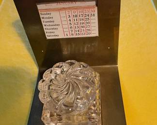 S.W. Farber antique inkwell in brass stans with perpetual calendar 