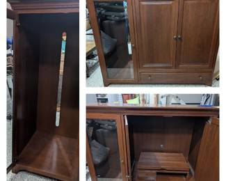 Amish made, solid cherry wood entertainment cabinet - fits 32 inch flat screen..multiple shelves go inside left side w/glass doors (shelving comes with it). Large drawer and small drawer for storage.