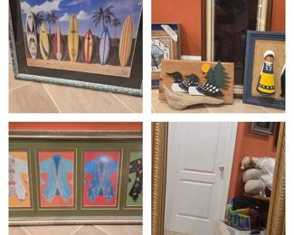 Various framed artwork, a duck quartz clock, a shadow box, Swedish costume art, loon art, and a full length custom-framed mirror.