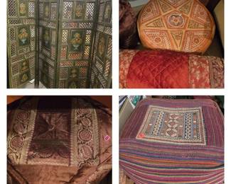 71 inch high Indian hand-crafted and painted screen/room divider; Various ottomans or poufs from North Africa and the Middle East. The orange round one is genuine leather (needs small stitching repair on top).