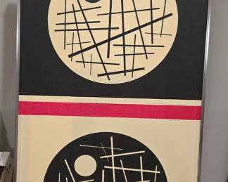 A mid-century modern abstract screenprint on linen "Lines in Circle" (1972, framed - 51 inch height x 27 inch width (130 cm x 69 cm)) by renowned American designer, painter, and textile artist Angelo Testa.
