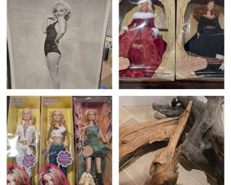 Tons of posters in original wrapping, holiday Barbies, Britney Spears and Shakira dolls, vintage driftwood.