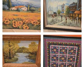 Original paintings and a beautiful framed ethnic tapestry (several more European tapestries and original paintings)