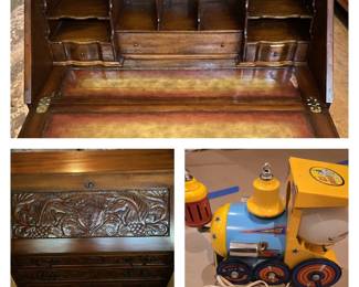 Vintage hand carved desk, vintage MCM Speedie 13 train globe lamp