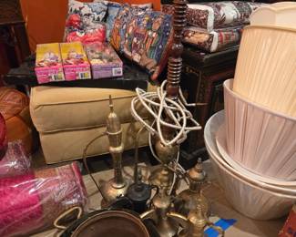 Vintage copper pots, more Turkish and Arab coffee pots, Indian brass, a tall Hookah pipe (smaller ones available too), American artist wire art of Indian elephant, better view of the beige faux suede ottoman. New holiday Christmas throws, New red bolsters.