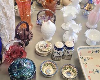 large collection of Carnivale glass, Fenton, Mccoy, Shawnee, and some Roseville pottery. 