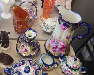 large collection of Carnivale glass, Fenton, Mccoy, Shawnee, and some Roseville pottery. 