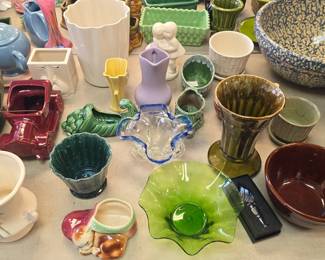 large collection of Carnivale glass, Fenton, Mccoy, Shawnee, and some Roseville pottery. 