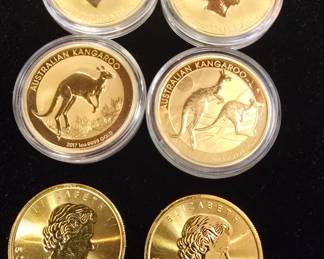 1oz gold coins South African Krugerrands, Canadian maples, and Australian kangaroos 