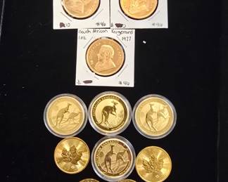 1oz gold coins South African Krugerrands, Canadian maples, and Australian kangaroos 