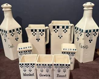 Antique German Blue White Porcelain Spice Canisters Oil Cruet and More