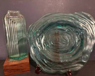 Art Deco Green Glass Vase And Decorative Plate