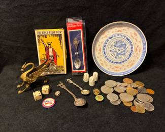 Brass Figurine Dutch Porcelain Thimbles Miscellaneous Currency And More