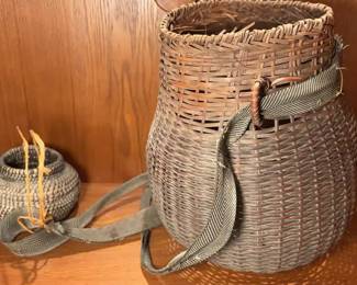 Asian Woven Basket With Attached Companion Basket