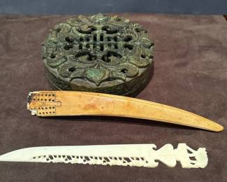 Carved Stone Lidded Box Elephant Letter Opener And Carved Bone