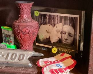 Cinnabar vase, baby shoes