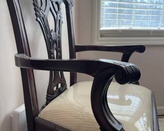 #5	Wood Dining Room ball and claw chairs - 2 captains chairs, 4 armless chairs. Cream striped upholstery. Made in indonesia	 $ 150.00 																												