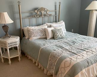 #6	Iron Double Eagle Motif and Fruit Basket Scroll headboard - Queen bed w/mattress and box spring	 $ 100.00 																												