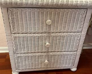 #39	White Wicker w/ 3 drawer cabinet w glass protector top - 29x18x30	 $ 50.00 																												