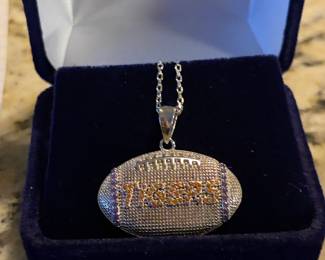#105	Auburn Jewelry University Football Pendant w/Orange/Blue Crystal Rhinestones - 925 Sterling Silver 12" Chain	 $ 150.00 																												