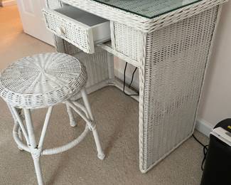 #23	White Wicker Desk w/1 drawer, stool and glass protect top. 30x18x30	 $ 45.00 																												