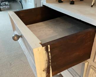 #12	Heavy White Painted Distressed 4 shelf Wood display cabinet. 4 drawers 35x18x71 (YOU MOVE UPSTAIRS, heavy.)	 $ 175.00 																												