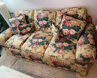 #64	Yellow and Rose Floral Sofa w/ loose back cushions. 84" long ( YOU MOVE.)	 $ 30.00 																												