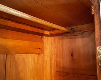 #9	Antique Wood Armoire w beveled mirror door and 1 drawer. (loose hinges as is) 36x16x78	 $ 125.00 																												