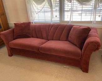 #49	Mid Century Structured Maroon Solid Back Sleeper Sofa w/2 ottomans. 90"long	 $ 20.00 																												