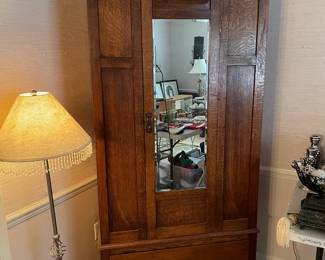 #9	Antique Wood Armoire w beveled mirror door and 1 drawer. (loose hinges as is) 36x16x78	 $ 125.00 																												