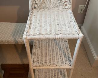 #59	White wicker 3 tiered plant stand - 12x12x32	 $ 20.00 																												