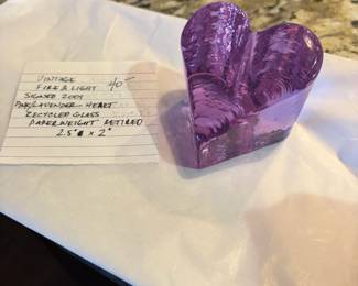 #106	Vintage Fire & Light signed 2011 - Pink/Lavender Heart. Recycled Glass Paperweight	 $ 40.00 																												