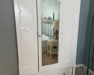 #14	Wood White painted armoire w/top hangers, 10 inside shelves, 1 door w/beveled mirror and 1 door. 46x16.5x76 (YOU MOVE UPSTAIRS) as is drawer	 $ 75.00 																												