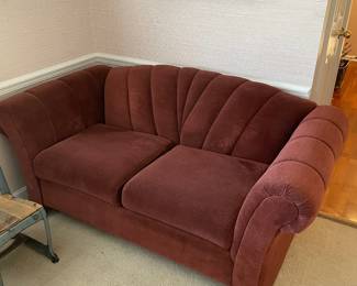 #48	Mid Century Structured Maroon Solid Back Love Seat - 64" long	 $ 50.00 																												