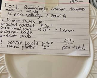 #77	Pier 1 - Quadrifoglio Ceramic dishware "made in italy" - 6 place settings + serving dishes.(35 pieces)	 $ 185.00 																												