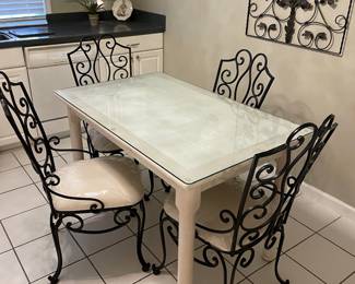 #1	Breakfast Table - Glass protect with tile top. 4 Metal Scroll Chairs with cream upholstery (heavy) 48.5x30x30	 $ 100.00 																												