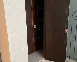 #14	Wood White painted armoire w/top hangers, 10 inside shelves, 1 door w/beveled mirror and 1 door. 46x16.5x76 (YOU MOVE UPSTAIRS) as is drawer	 $ 75.00 																												