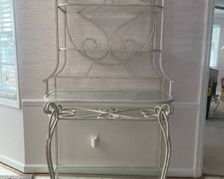 #2	Metal white painted scroll iron bakers rack - 4 glass shelves. (42w x 75h x 20d)	 $ 175.00 																												