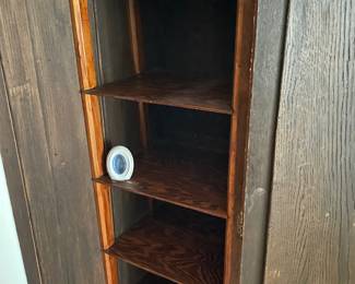 #14	Wood White painted armoire w/top hangers, 10 inside shelves, 1 door w/beveled mirror and 1 door. 46x16.5x76 (YOU MOVE UPSTAIRS) as is drawer	 $ 75.00 																												