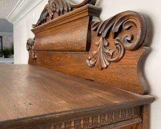 #4	Antique Carved Wood Oak Storage/Buffet - with beveled mirror. 2 pcs. 3 drawers, 2 doors. 3 shelves.48x27x82	 $ 350.00 																												
