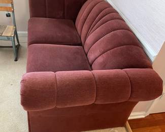 #48	Mid Century Structured Maroon Solid Back Love Seat - 64" long	 $ 50.00 																												