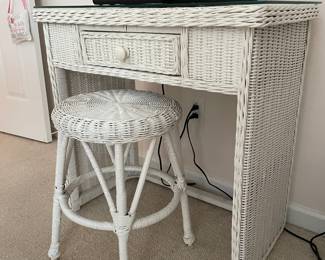 #23	White Wicker Desk w/1 drawer, stool and glass protect top. 30x18x30	 $ 45.00 																												