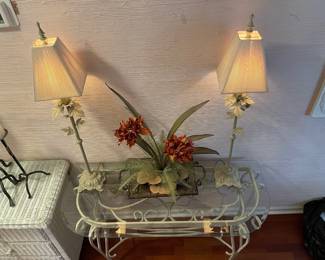 #40	Distressed Cream Iron base w/beveled glass top, half moon shape entry table. 46x20x28	 $ 75.00 																												