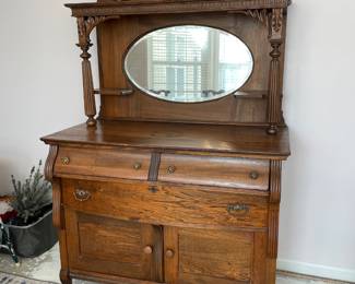 #4	Antique Carved Wood Oak Storage/Buffet - with beveled mirror. 2 pcs. 3 drawers, 2 doors. 3 shelves.48x27x82	 $ 350.00 																												