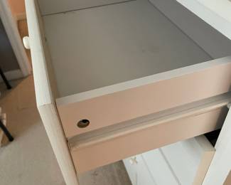 #37	Wood-look white chest of 5 drawers. As is. 28x15.5x46	 $ 50.00 																												