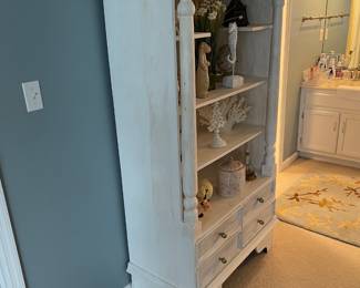 #12	Heavy White Painted Distressed 4 shelf Wood display cabinet. 4 drawers 35x18x71 (YOU MOVE UPSTAIRS, heavy.)	 $ 175.00 																												
