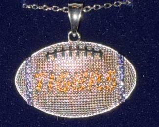 #105	Auburn Jewelry University Football Pendant w/Orange/Blue Crystal Rhinestones - 925 Sterling Silver 12" Chain	 $ 150.00 																												