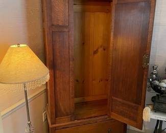 #9	Antique Wood Armoire w beveled mirror door and 1 drawer. (loose hinges as is) 36x16x78	 $ 125.00 																												