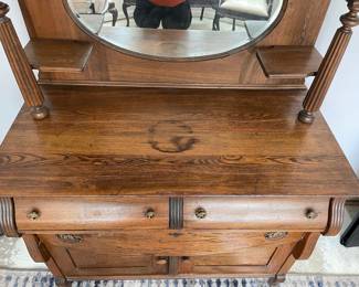 #4	Antique Carved Wood Oak Storage/Buffet - with beveled mirror. 2 pcs. 3 drawers, 2 doors. 3 shelves.48x27x82	 $ 350.00 																												