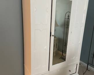 #14	Wood White painted armoire w/top hangers, 10 inside shelves, 1 door w/beveled mirror and 1 door. 46x16.5x76 (YOU MOVE UPSTAIRS) as is drawer	 $ 75.00 																												